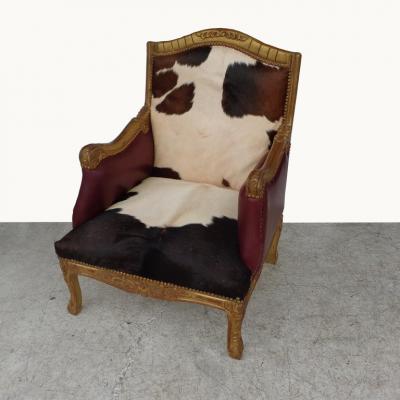 Louis XV Style Lounge Chair in Cowhide