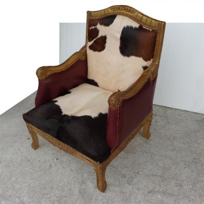 Louis XV Style Lounge Chair in Cowhide