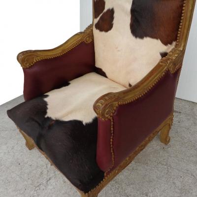 Louis XV Style Lounge Chair in Cowhide