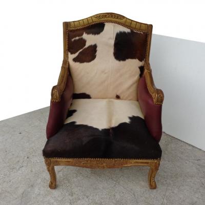 Louis XV Style Lounge Chair in Cowhide