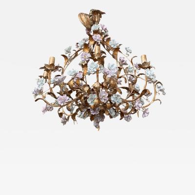 Louis XV Style Marie Antoinette Gilt Metal Porcelain Flower Chandelier