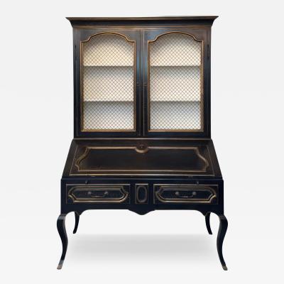 Louis XV Style Minton Spidell Drop Front Hand Painted Black Secretary Cabinet