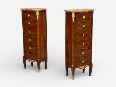 Louis XV Style Tulipwood Marquetry Marble Lingerie Chests France 1910s