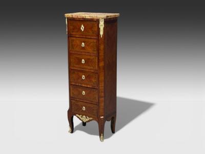 Louis XV Style Tulipwood Marquetry Marble Lingerie Chests France 1910s