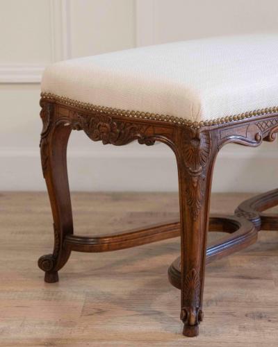 Louis XV Style Walnut Bench with Upholstered Seat and Carved Frame France