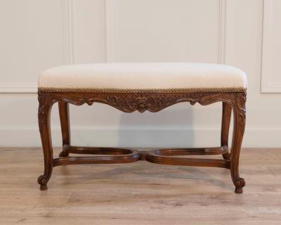 Louis XV Style Walnut Bench with Upholstered Seat and Carved Frame France