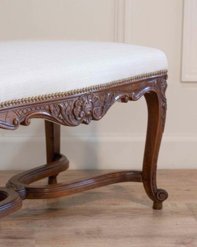 Louis XV Style Walnut Bench with Upholstered Seat and Carved Frame France