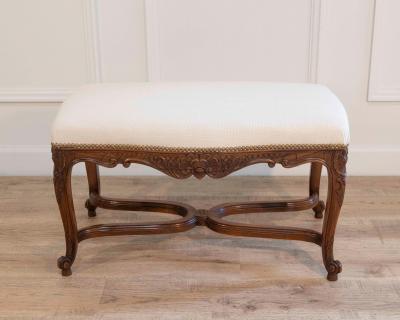 Louis XV Style Walnut Bench with Upholstered Seat and Carved Frame France