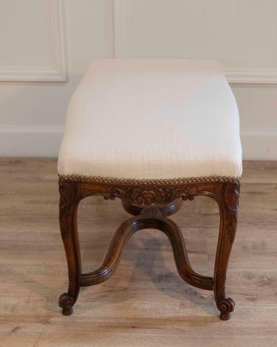 Louis XV Style Walnut Bench with Upholstered Seat and Carved Frame France