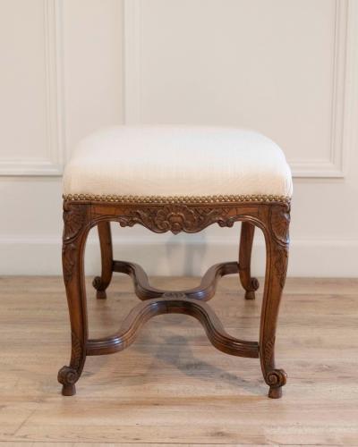Louis XV Style Walnut Bench with Upholstered Seat and Carved Frame France