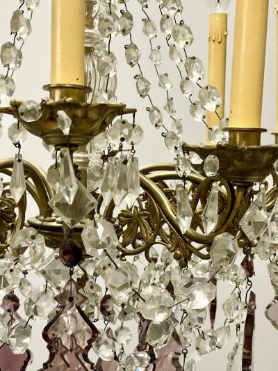 Louis XVI Bronze and Crystal Chandelier Colored and Clear Crystals France