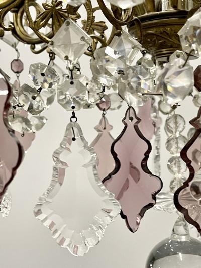 Louis XVI Bronze and Crystal Chandelier Colored and Clear Crystals France
