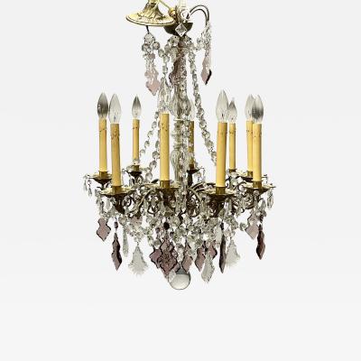 Louis XVI Bronze and Crystal Chandelier Colored and Clear Crystals France