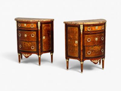 Louis XVI Diminutive Demilune Commodes Inlaid Wood Bronze France 19th c 