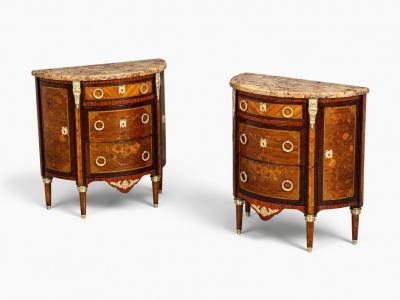 Louis XVI Diminutive Demilune Commodes Inlaid Wood Bronze France 19th c 