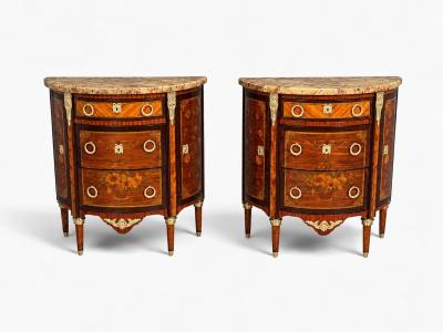 Louis XVI Diminutive Demilune Commodes Inlaid Wood Bronze France 19th c 