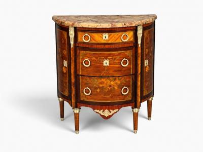 Louis XVI Diminutive Demilune Commodes Inlaid Wood Bronze France 19th c 