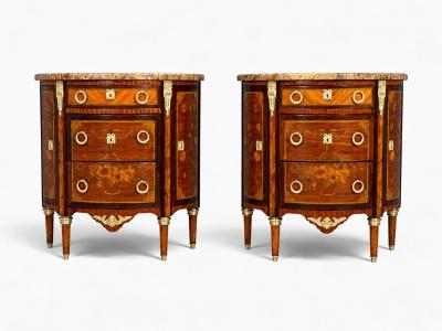 Louis XVI Diminutive Demilune Commodes Inlaid Wood Bronze France 19th c 