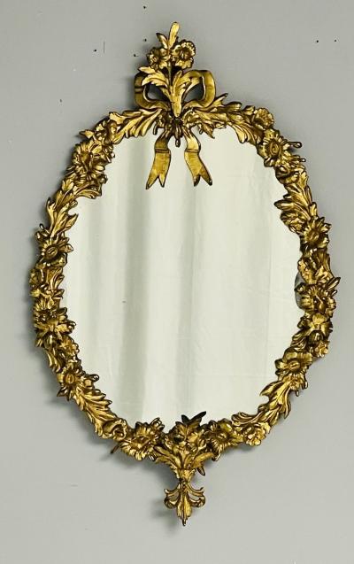 Louis XVI Oval Wall Mirrors Floral Motif Bronze Carved Wood France 19th C
