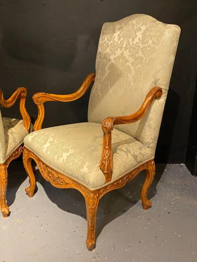Louis XVI Style Antique Arm Throne Chairs Finely Upholstered a Pair