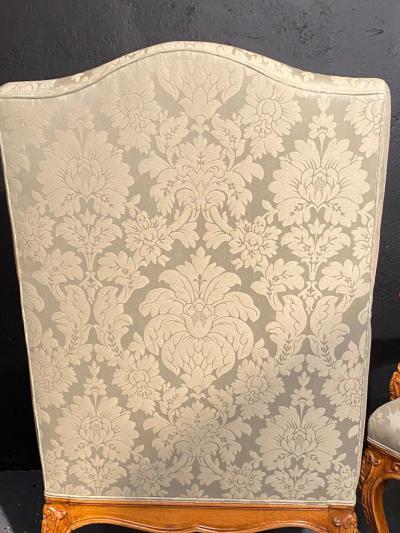 Louis XVI Style Antique Arm Throne Chairs Finely Upholstered a Pair