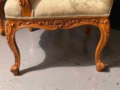 Louis XVI Style Antique Arm Throne Chairs Finely Upholstered a Pair