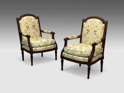 Louis XVI Style Beechwood Floral Fabric Bergere Chairs France 1940s
