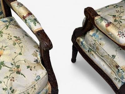 Louis XVI Style Beechwood Floral Fabric Bergere Chairs France 1940s