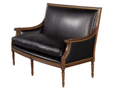 Louis XVI Style Black Leather Settee Sofa