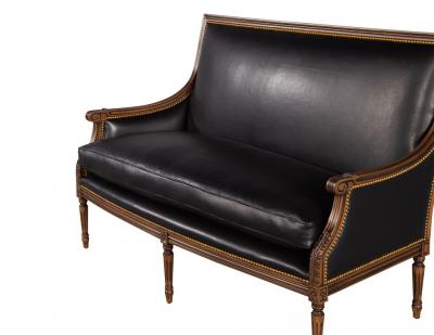 Louis XVI Style Black Leather Settee Sofa