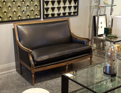 Louis XVI Style Black Leather Settee Sofa
