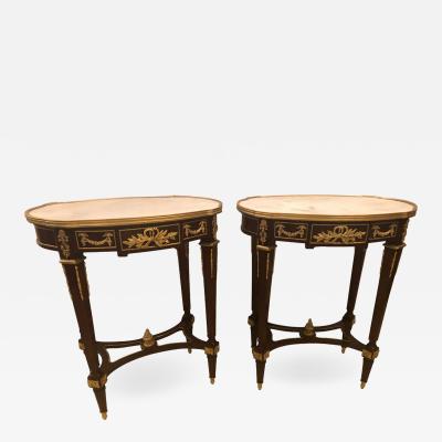 Louis XVI Style Bronze Framed Marble Top End Lamp Tables with Bronze Mounts Pair