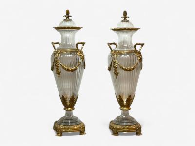 Louis XVI Style Crystal Bronze Monumental Lidded Urns Italy 20th c 