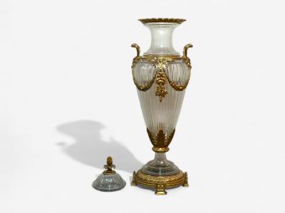 Louis XVI Style Crystal Bronze Monumental Lidded Urns Italy 20th c 