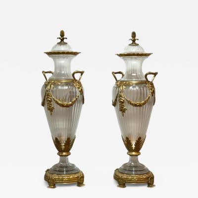 Louis XVI Style Crystal Bronze Monumental Lidded Urns Italy 20th c 