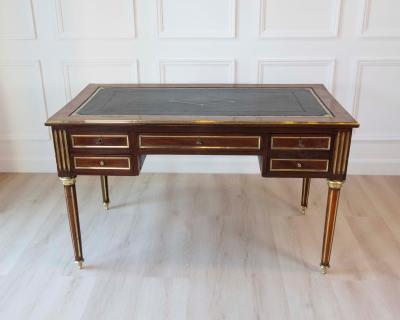 Louis XVI Style Double Sided Wood and Brass Bureau Plat with Leather Top