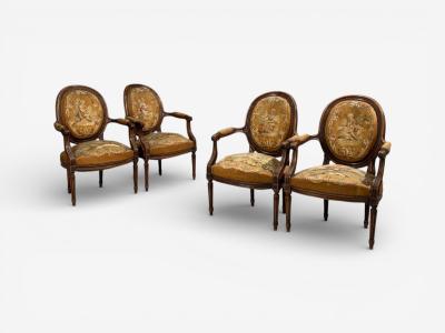 Louis XVI Style Four Armchairs Tapestry Walnut France 20th c 