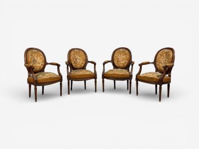 Louis XVI Style Four Armchairs Tapestry Walnut France 20th c 