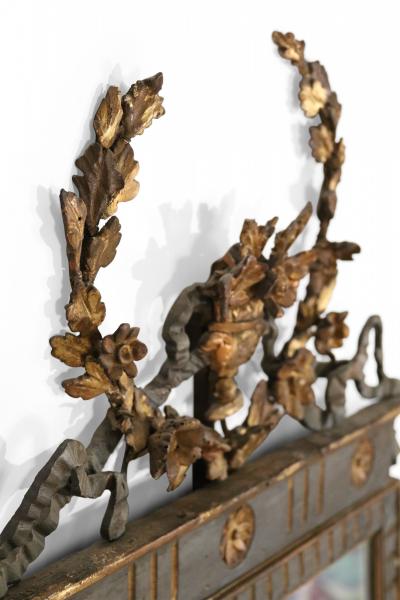Louis XVI Style Giltwood And Green Painted Wood Floral Pediment Wall Mirror