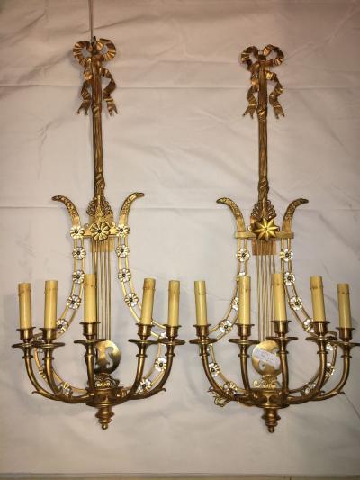 Louis XVI Style Harp Lyre Back Bronze Wall Sconce Set of Six