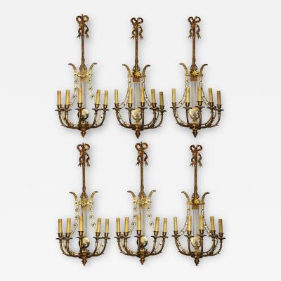 Louis XVI Style Harp Lyre Back Bronze Wall Sconce Set of Six