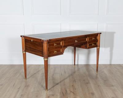 Louis XVI Style Mahogany Flat Desk with Brass Detailing and Green Leather Top