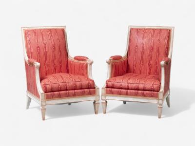 Louis XVI Style Painted Wood Pink Fabric Bergere Chairs France 1960s