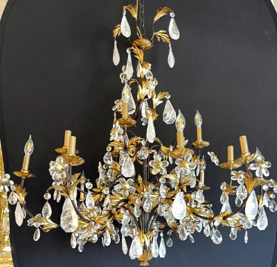 Louis XVI Style Rock Crystal Chandelier Ebony and Gilt Metal Design