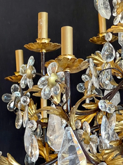 Louis XVI Style Rock Crystal Chandelier Ebony and Gilt Metal Design