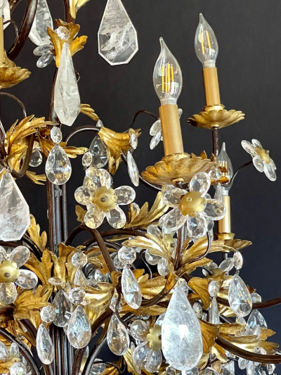 Louis XVI Style Rock Crystal Chandelier Ebony and Gilt Metal Design