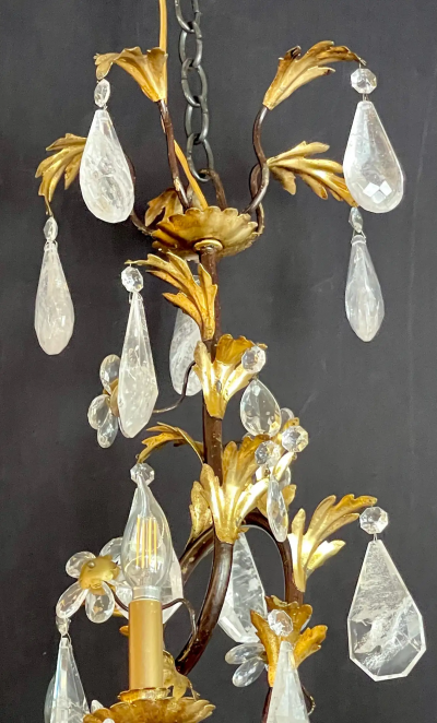 Louis XVI Style Rock Crystal Chandelier Ebony and Gilt Metal Design