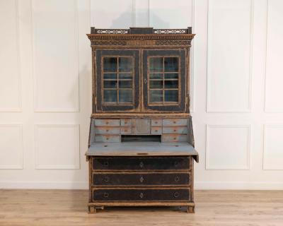 Louis XVI Style Secretary with Glass Doors Repainted Black Blue Interior