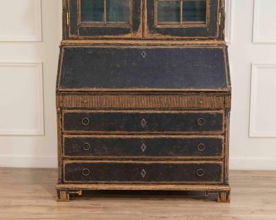 Louis XVI Style Secretary with Glass Doors Repainted Black Blue Interior