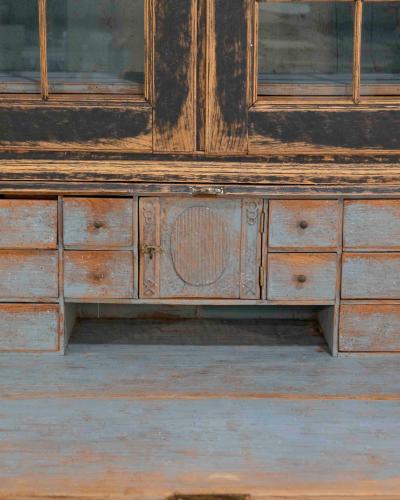 Louis XVI Style Secretary with Glass Doors Repainted Black Blue Interior